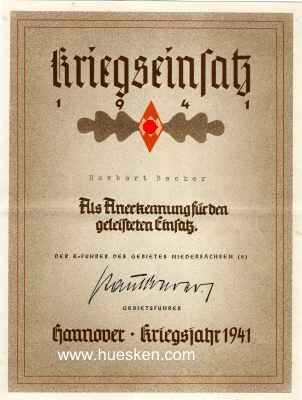 HJ-ANERKENNUNGSURKUNDE für den Kriegseinsatz 1941,...