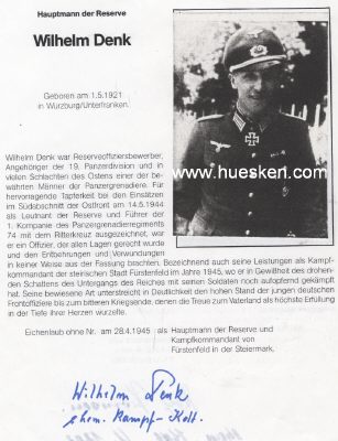 DENK, Wilhelm. Hauptmann des Heeres, Kampfkommandant von...