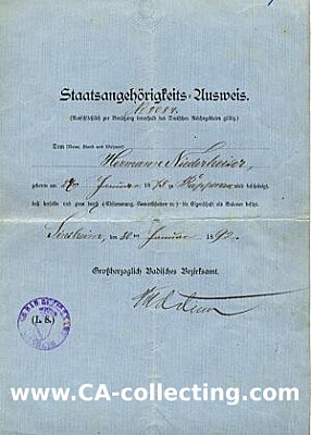 SINSHEIM. Staatsangehörigkeits-Ausweis 1892 für...