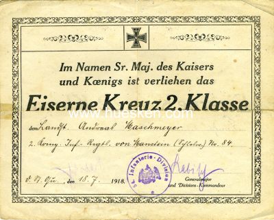 VERLEIHUNGSURKUNDE zum Eisernen Kreuz 2. Klasse 1914 an...
