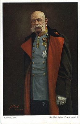 FARB-PORTRÄTPOSTKARTE 'Se. Maj. Kaiser Franz Josef...
