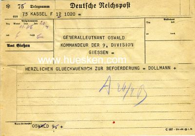 DOLLMANN, FRIEDRICH. Telegramm des General Dollmann vom...