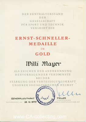 VERLEIHUNGSURKUNDE zur Ernst-Schneller-Medaille in Gold...