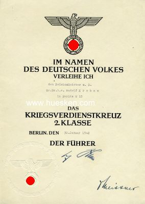 VERLEIHUNGSURKUNDE zum Kriegsverdienstkreuz 2.Klasse an...