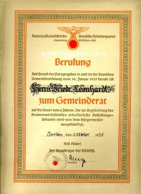 NSDAP-BERUFUNGSURKUNDE zum Gemeinderat (Ratsherr) der...
