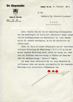 Foto 2 : NSDAP-BERUFUNGSURKUNDE zum Gemeinderat (Ratsherr) der...