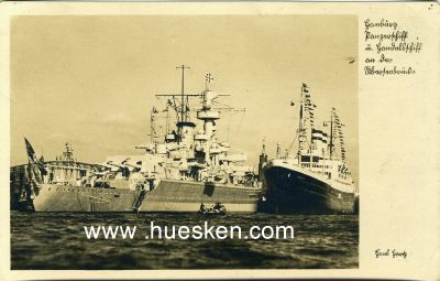 PHOTO-POSTKARTE 'Hamburg - Panzerschiff u. Handelsschiff...