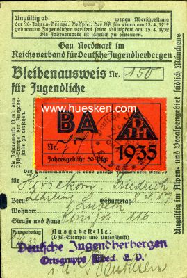 DJH-BLEIBENAUSWEIS FÜR JUGENDLICHE 1935 NR.150 Gau...