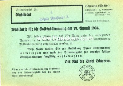 BENACHRICHTIGUNGS-WAHLKARTE 1934 für die...