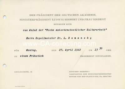 EINLADUNGSKARTE 1942 des Präsidenten der Deutschen...