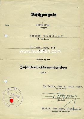 VERLEIHUNGSURKUNDE zum Infanterie-Sturmabzeichen Silber...