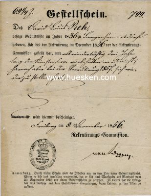 FREIBERG. Gestellschein zur Rekrutierung, Freiberg 1856....