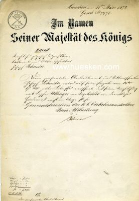 MÜNCHEN. Dienstschreiben 1872 der Bauabteilung der...