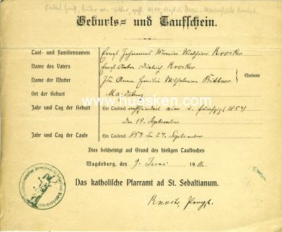 MAGDEBURG. Geburts- und Taufschein 1911 des Katholischen...