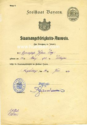 REGENSBURG. Staatsangehörigkeits-Ausweis 1920 des...