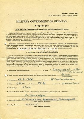 FRAGEBOGEN des 'Military Government of Germany' 1/1946,...