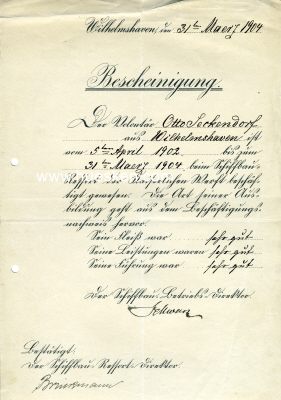 WILHELMSHAVEN. Ausbildungs-Bescheinigung 1904 der...