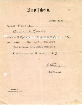 WILHELMSHAVEN. Impfschein 1887.
