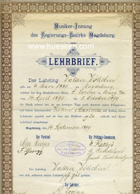 MAGDEBURG. Lehrbrief 1899 der Musikerinnung des...