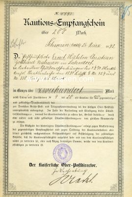 SCHWERIN. Kautions-Empfangschein 1892 der Kaiserlichen...