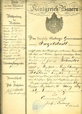 INGOLSTADT. Reisepass ausgestellt 1869 durch das...