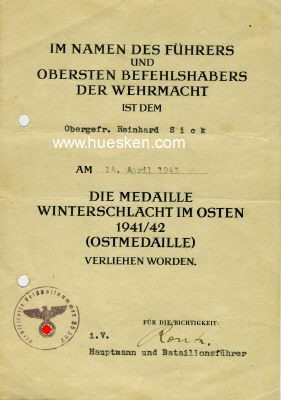 VERLEIHUNGSURKUNDE zur Medaille Winterschlacht im Osten...
