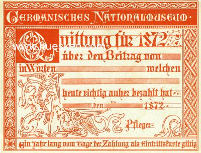 NÜRNBERG. Quittung über den Jahresbeitrag 1872...