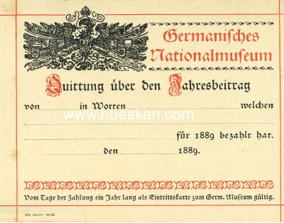 NÜRNBERG. Quittung über den Jahresbeitrag 1889...