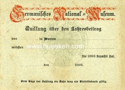 NÜRNBERG. Quittung über den Jahresbeitrag 1893...