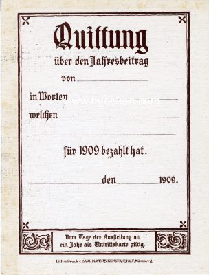 Foto 2 : NÜRNBERG. Quittung über den Jahresbeitrag 1909...