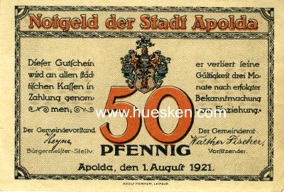 APOLDA - NOTGELDSCHEIN 50 PFENNIG 1. August 1921
