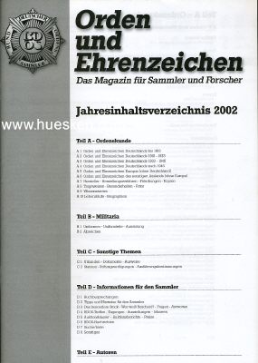 ORDEN UND EHRENZEICHEN. Jahresinhaltsverzeichnis 2002