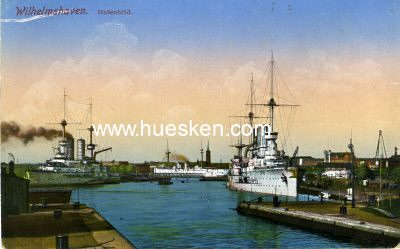 FARB-POSTKARTE 'Wilhelmshaven - Hafenblick'. 1915 als...