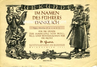 DEKORATIVE SPENDENURKUNDE 1941 zur Sammlung von Woll-,...