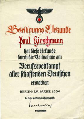 BETEILIGUNGS-URKUNDE zum Reichsberufswettkampf 1939. A5,...