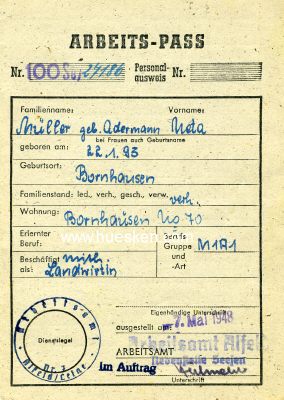 ALFELD/LEINE. Arbeits-Pass, ausgestellt 1948.
