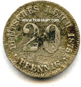 DEUTSCHES REICH. 20 Pfennig 1875 F, Silber, korrodiert,...