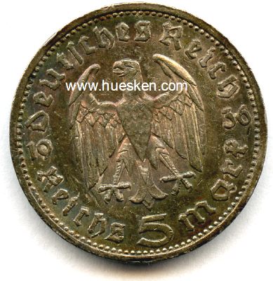 DEUTSCHES REICH. 5 Reichsmark 1936 E (Hindenburg) Silber...