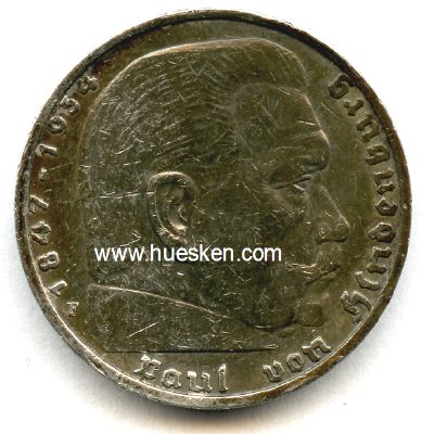 DEUTSCHES REICH. 5 Reichsmark 1935 F (Hindenburg) Silber...