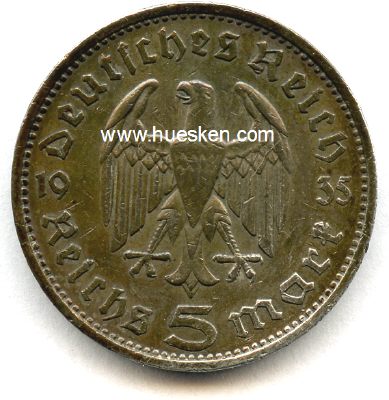 Foto 2 : DEUTSCHES REICH. 5 Reichsmark 1935 F (Hindenburg) Silber...