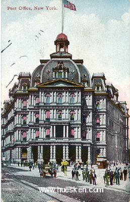 FARB-POSTKARTE 'Post Office New York'. 1912 gelaufen.
