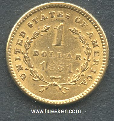 Foto 2 : 1 DOLLAR 1851 LIBERTY HEAD 1. Typ. Gewicht 1,67 Gramm...