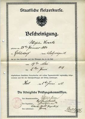 KIEL. Bescheinigung 1913 der Staatslichen Heizerkurse zur...