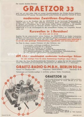 Photo 2 : GRAETZ-RADIO G.M.b.H. BERLIN. Werbeblatt 'Graetzor 33' um...