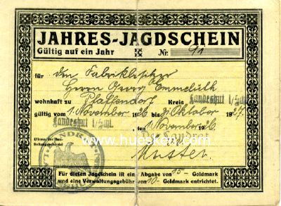 JAHRES-JAGDSCHEIN ausgestellt Landeshut/Schlesien 1927...