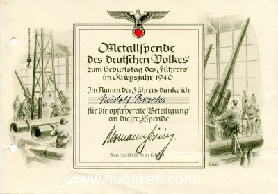URKUNDE 'Metallspende des deutschen Volkes 1940',...