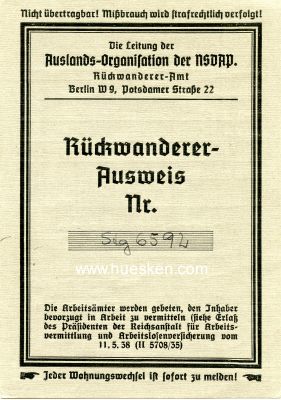 RÜCKWANDERER-AUSWEIS NR. 6592 ausgestellt durch das...