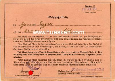 WEHRPASS-NOTIZ Wehrmeldeamt Kiel Marine 1943,...