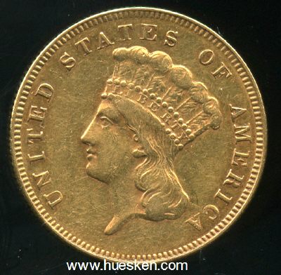 3 DOLLARS 1874 LIBERTY HEAD WITH FEATHER HEAD-DRESS...