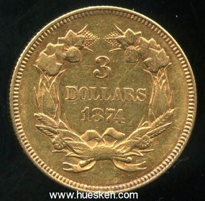Photo 2 : 3 DOLLARS 1874 LIBERTY HEAD WITH FEATHER HEAD-DRESS...